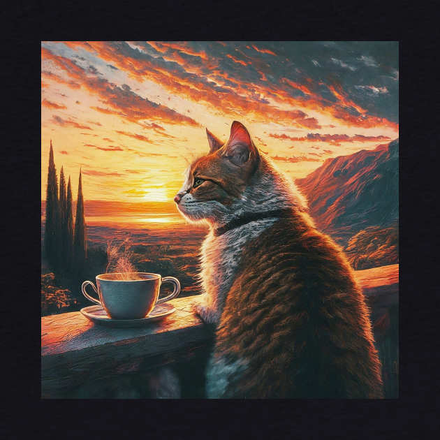 funny cat watching sunset with coffee, funny cats and coffee, cats lover by elhlaouistore